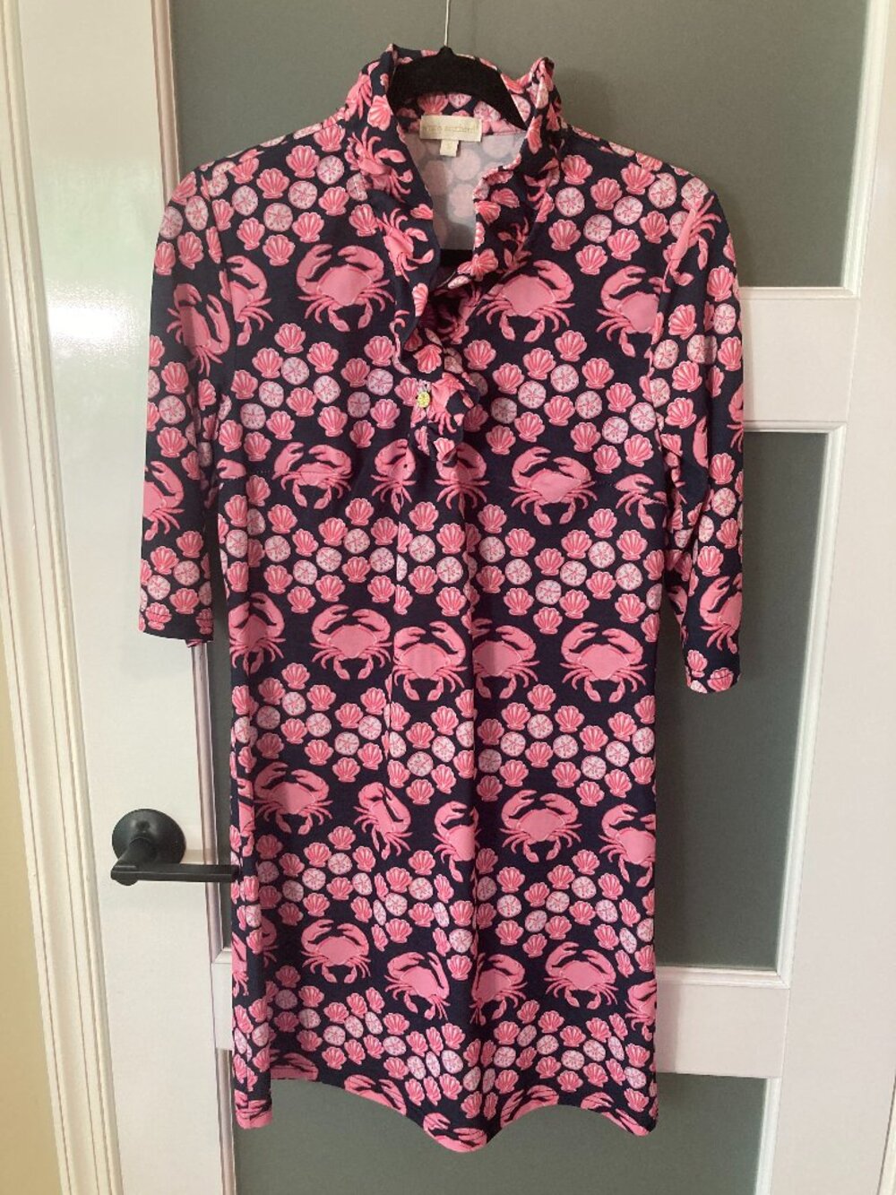 Simply Southern Navy & Pink Crab Seashell Ruffle Collar Dress - Small - Preppy